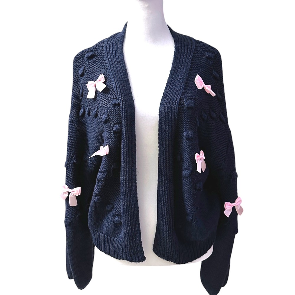 Threaded Leaf Cardigan Sweater Womens Small Navy Blue Pink Bows Coquette CC1011‎